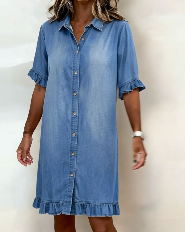Van Delft Mode® | Comfortable Denim Dress with Flattering Ruching