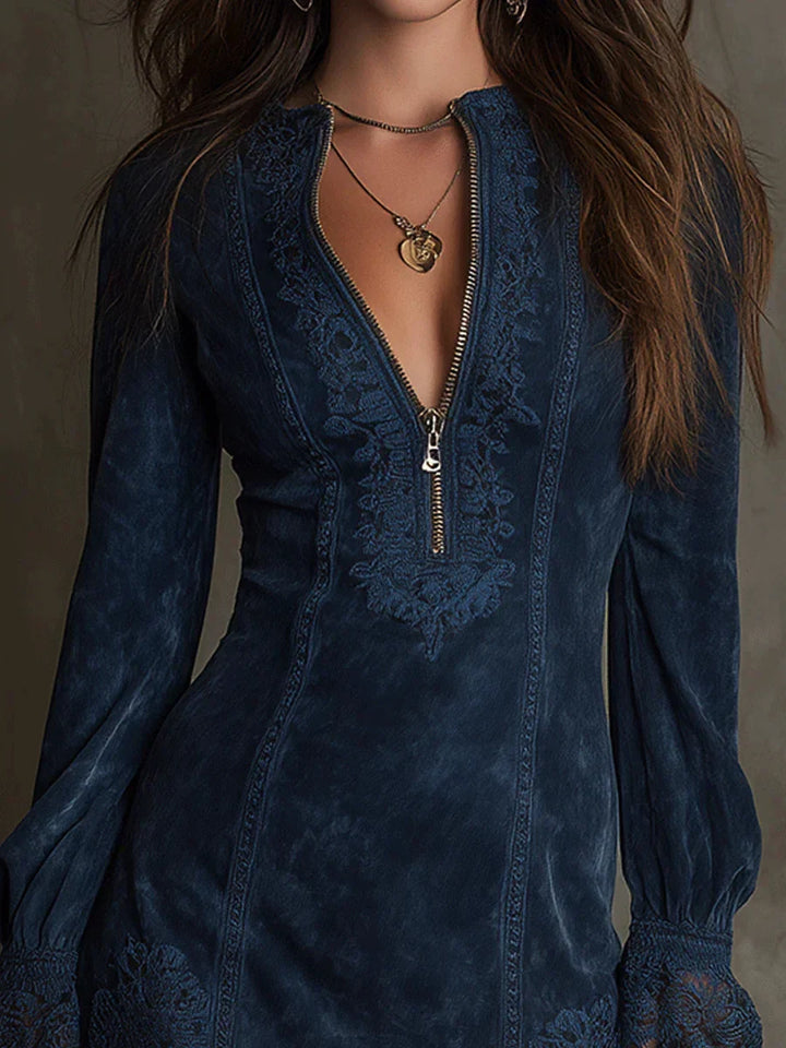 Rachel – Blue Suede Mini Dress with Lace