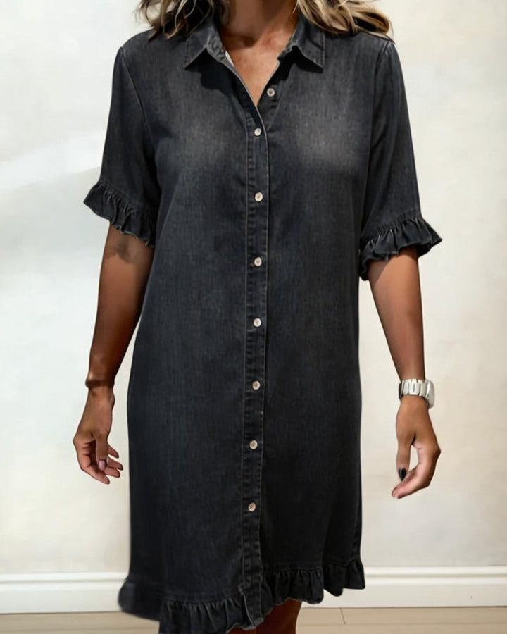 Van Delft Mode® | Comfortable Denim Dress with Flattering Ruching
