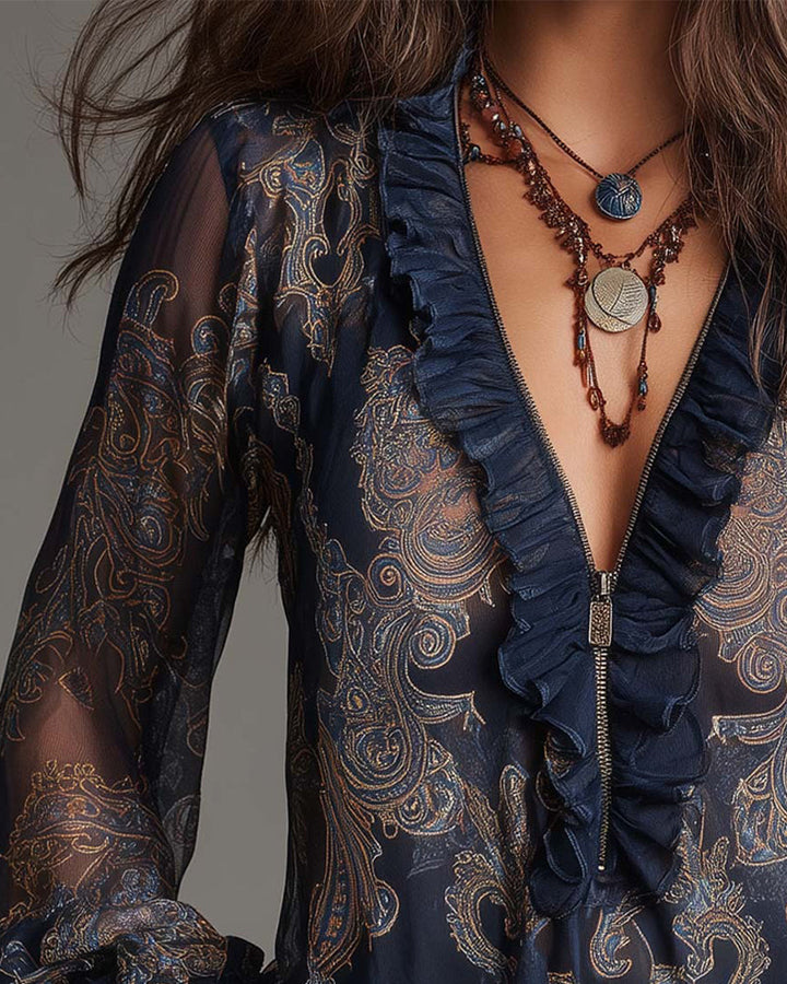 Katie™ | Sophisticated Half-Zip Blouse with Ruffles