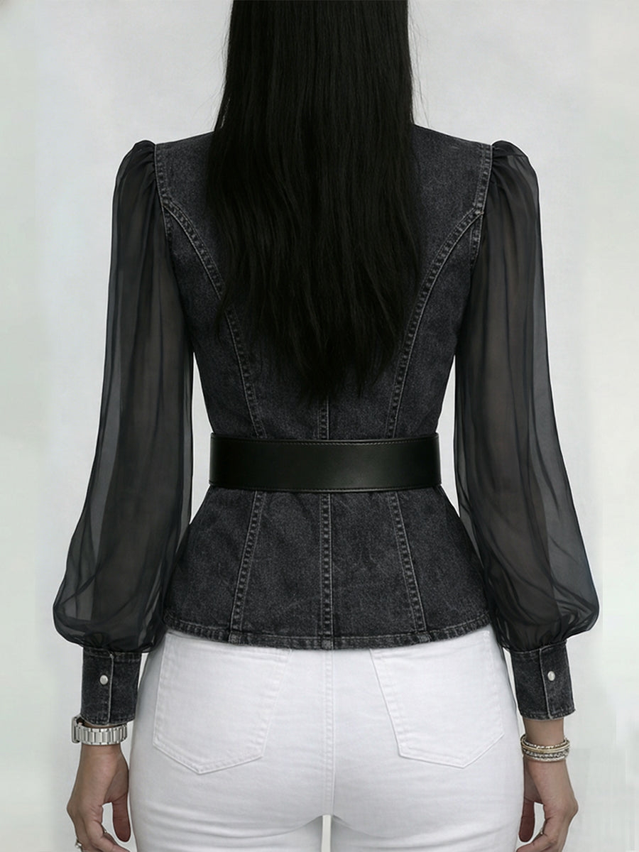Valérie™ | Denim Top with Organza Sleeves