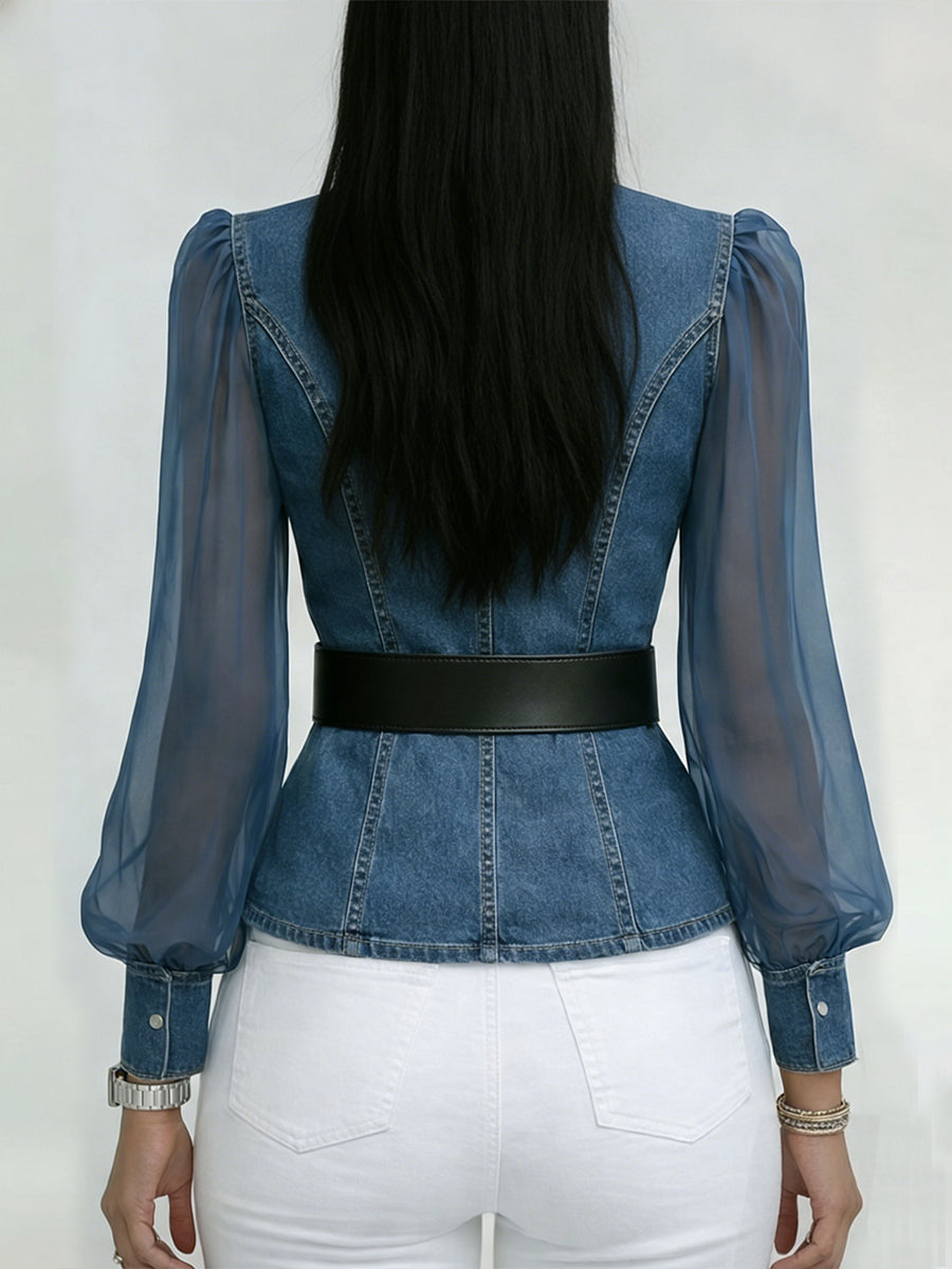 Valérie™ | Denim Top with Organza Sleeves