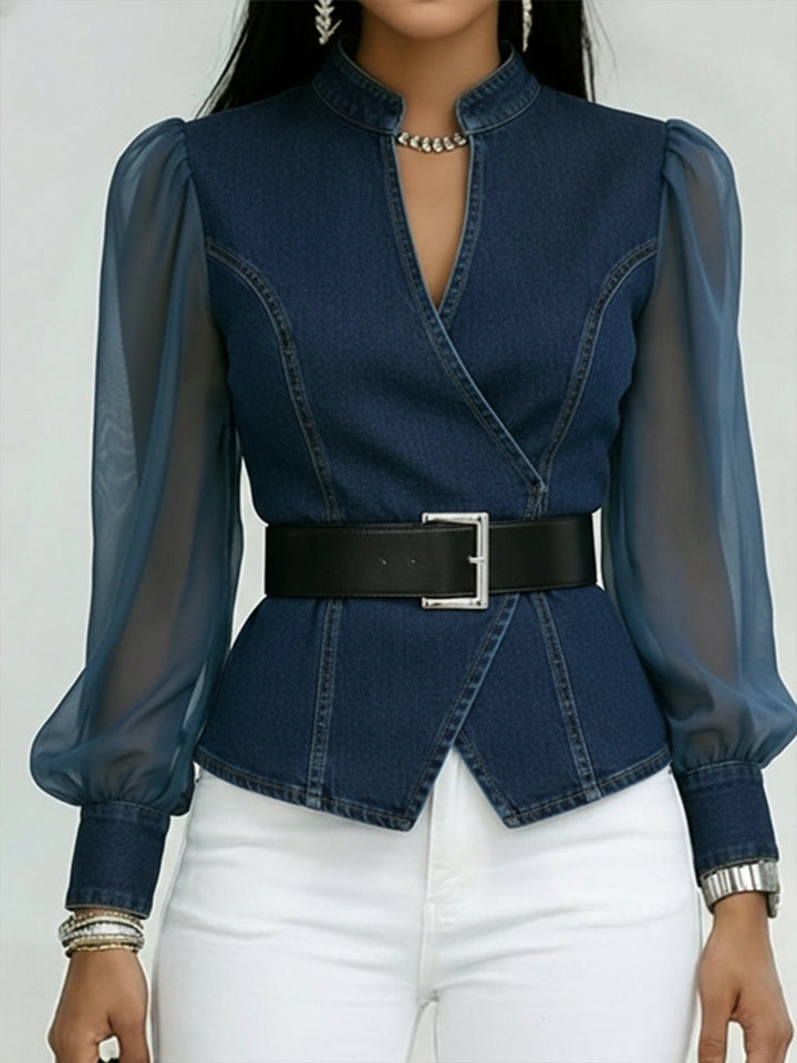 Valérie™ | Denim Top with Organza Sleeves