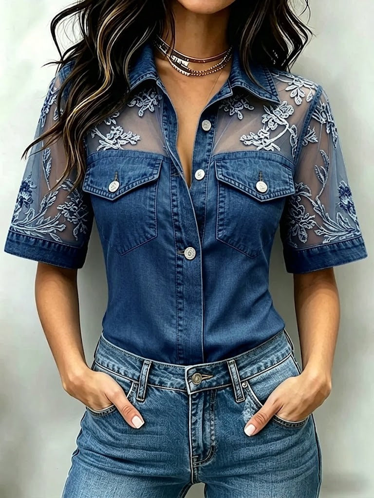 Marceline™ | Denim Shirt with Lace