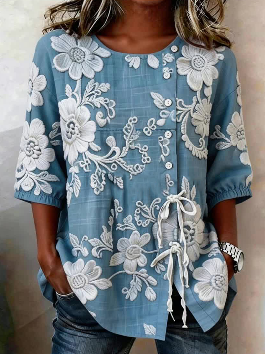 Herbier™ | Cotton-linen Button-Up Shirt with Lace
