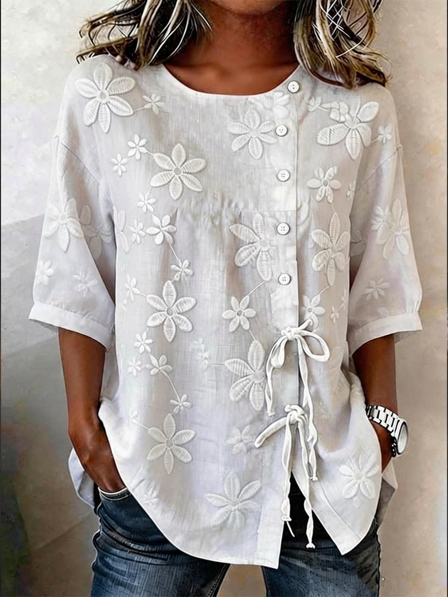 Shira™ | Buttoned Cotton-Linen Blouse with Lace