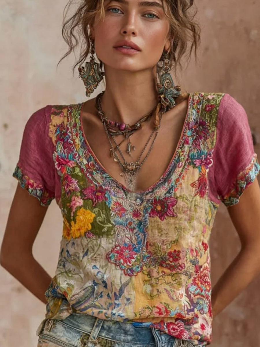 Contraste™ | Embroidered Bohemian V-Neck T-Shirt