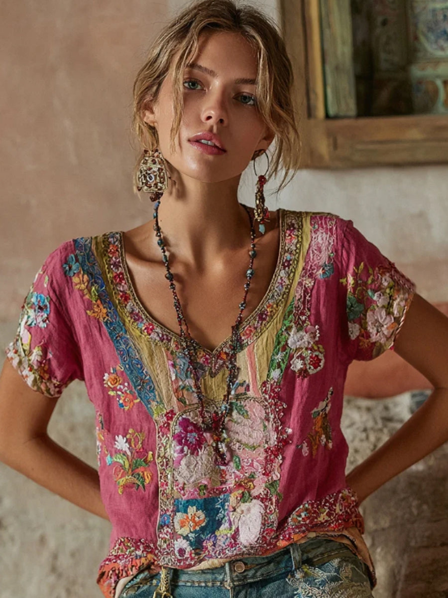 Bohème™ | Floral Embroidered V-Neck Shirt
