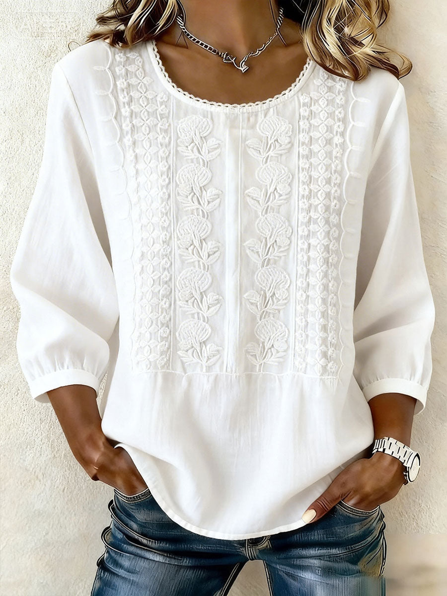 Coton Fleur™ | Floral Detail Cotton-Linen Top