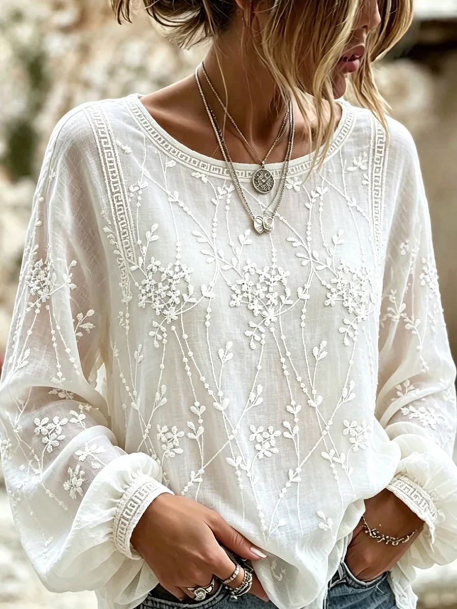 Embroidery™ | Vintage Cotton-Linen V-Neck Top
